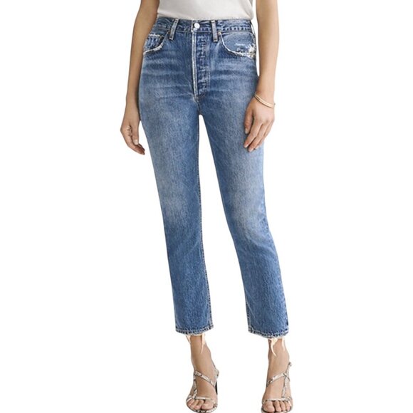 Agolde Riley High Rise Straight Leg Crop Jeans Size 26 In Frequency Distressed - Picture 10 of 13